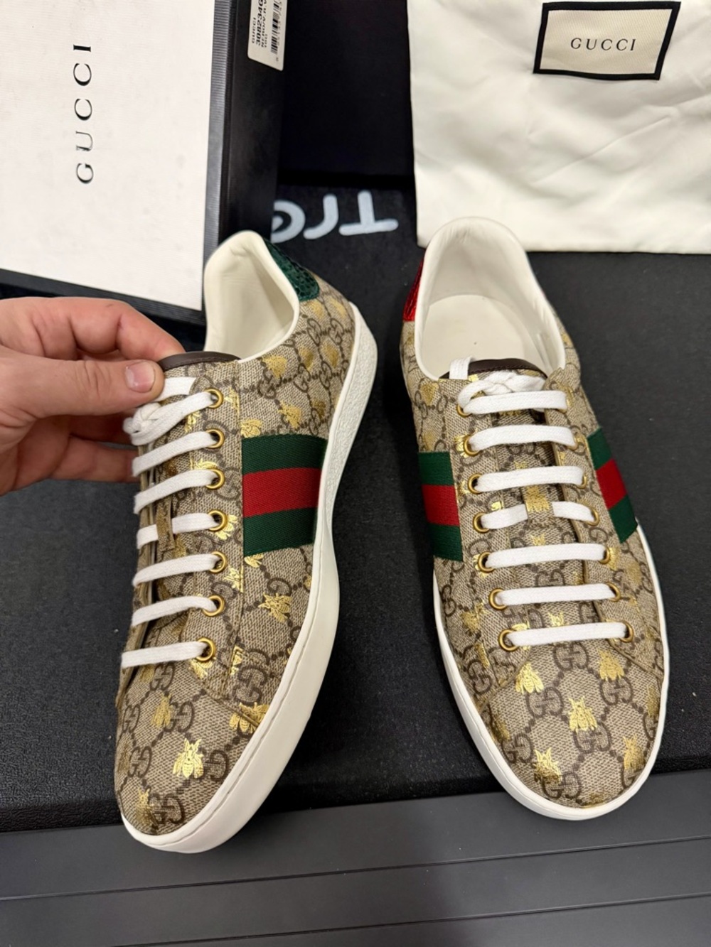 Gucci Beige Monogram Ace Sneaker with Green & Red Web